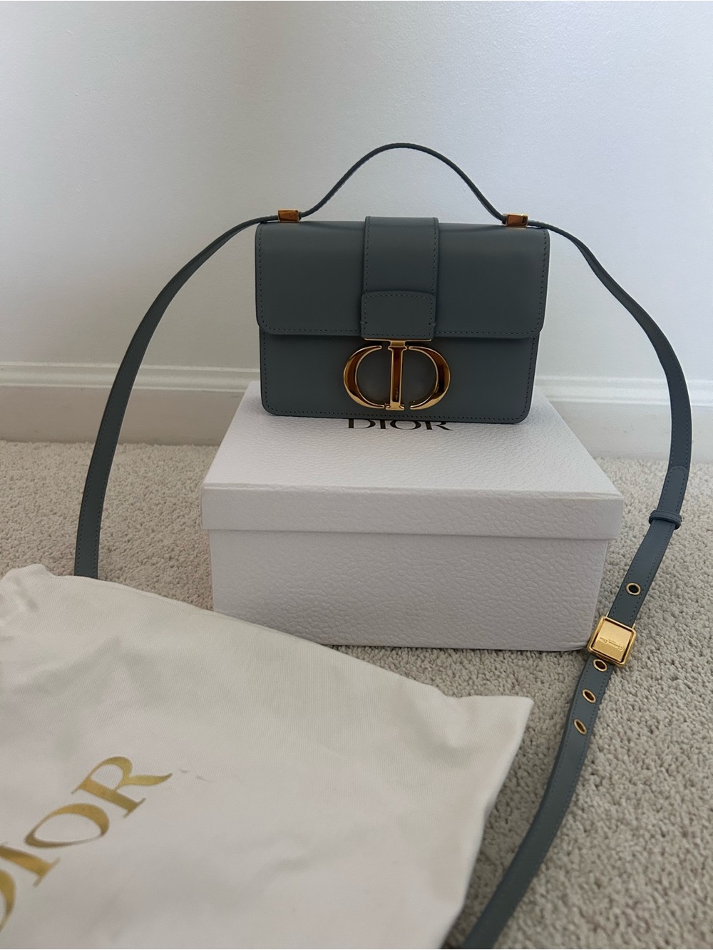 CHRISTIAN DIOR BLUE GREY SMOOTH CALFSKIN MICRO 30 MONTAIGNE FLAP